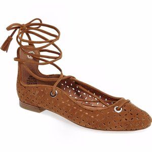 Halogen Nella Ghillie Flat, Cognac Perforated Leather, Womens Various Sizes